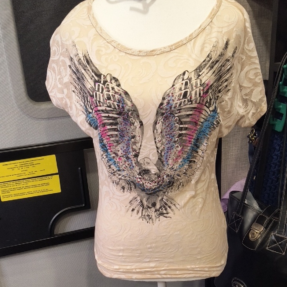 Mandee Small Cream Burnout Tee W/Bling Wing Design, Distressed, EUC